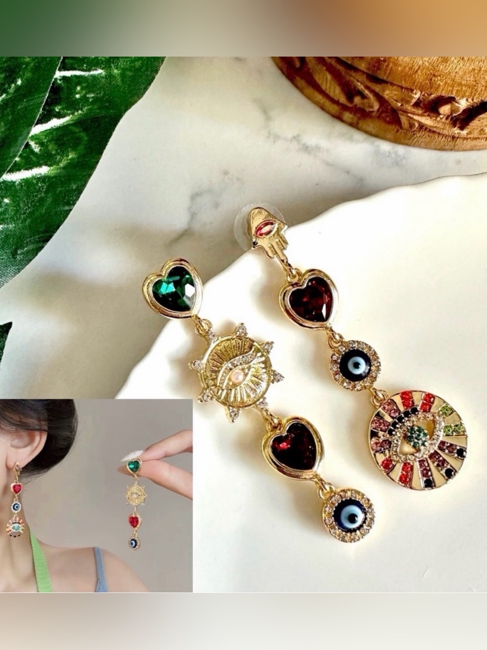 Evil Eye Rhinestone Heart Red Stone Earrings Gold Tone Bohemian Gift NEW
